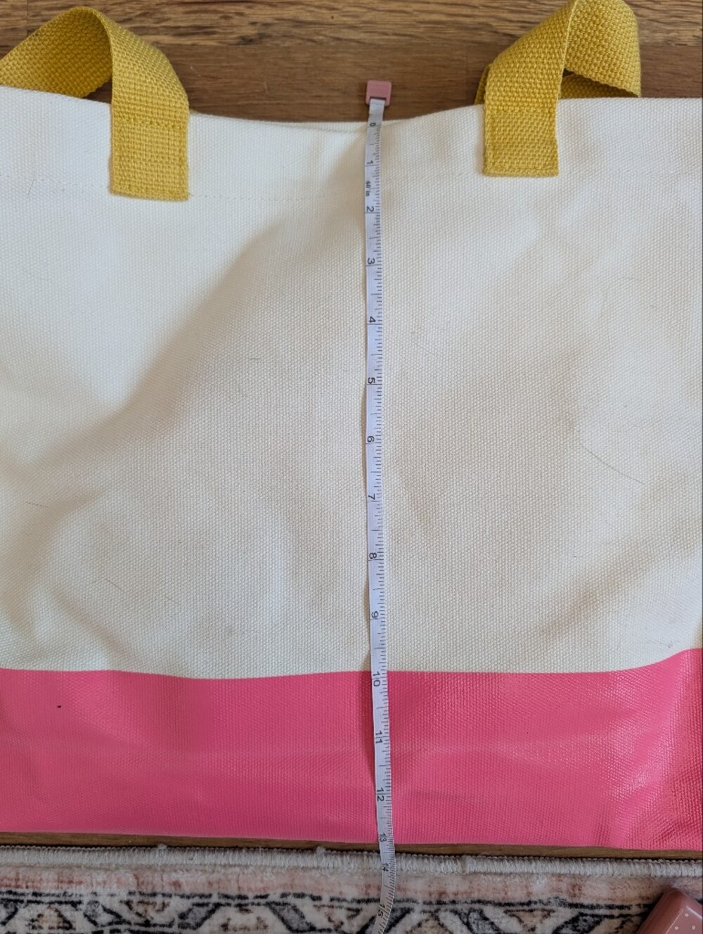 Benefit Beauty Cream Canvas Tote with Pink Base and Yellow Straps Ladies Faces - Picture 7 of 9